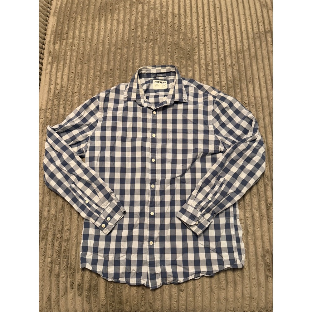 Express Classic Soft Wash Mens Large Navy Blue Gingham Check Button‎ Down Shirt